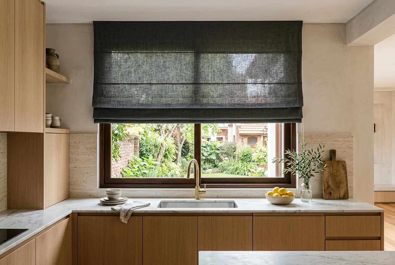 Cortina romana en cocina moderna