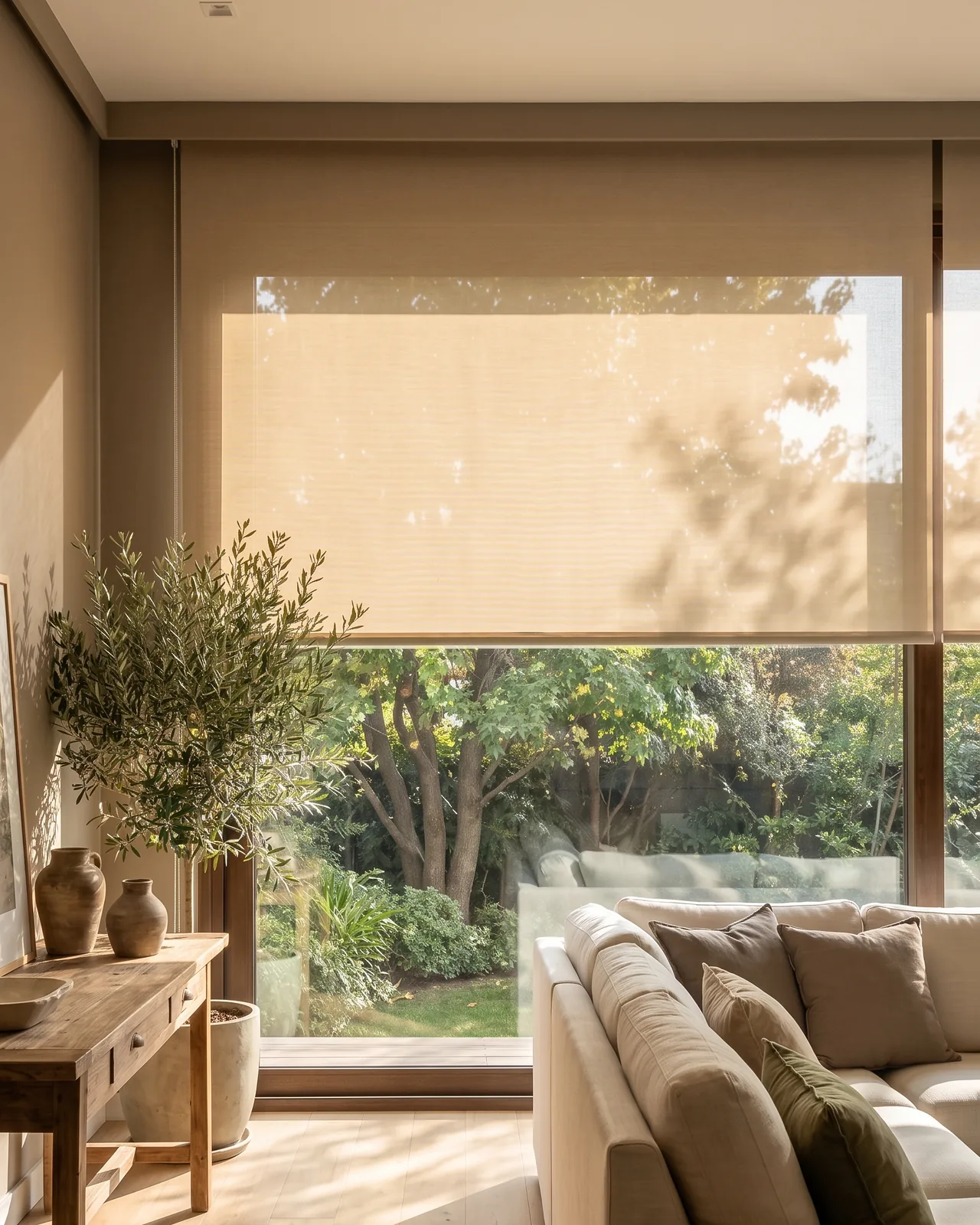 Living luminoso con cortina roller screen motorizada