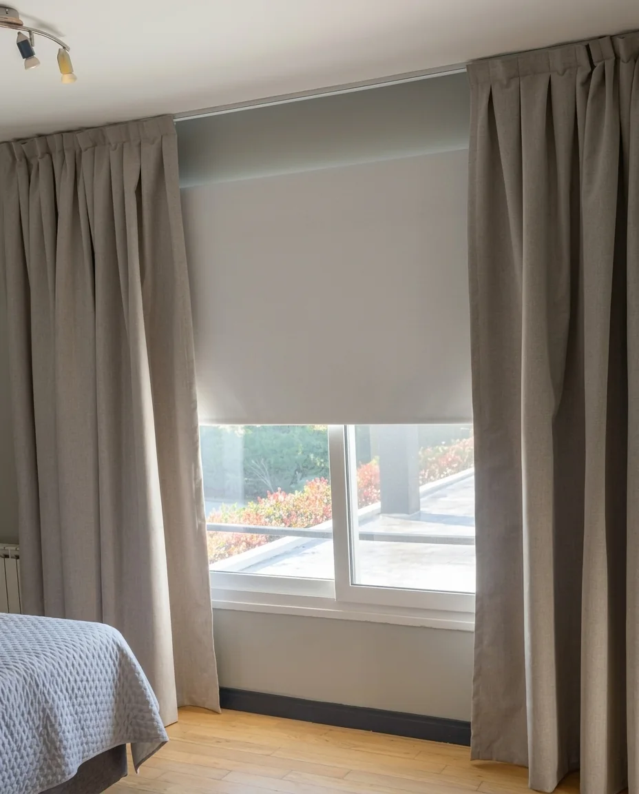 Dormitorio con paños con cuerpo a los lados y roller en la ventana